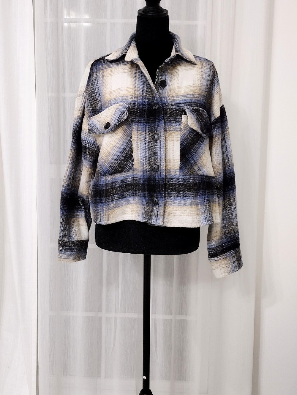 Windsor Plaid Button-Front Shacket Jacket - Blue and Cream